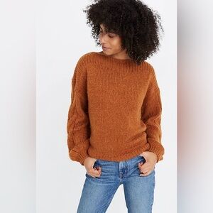 Madewell Cable-Sleeve Boatneck Boxy Cropped Wool Sweater in Saddle Brown Size XS